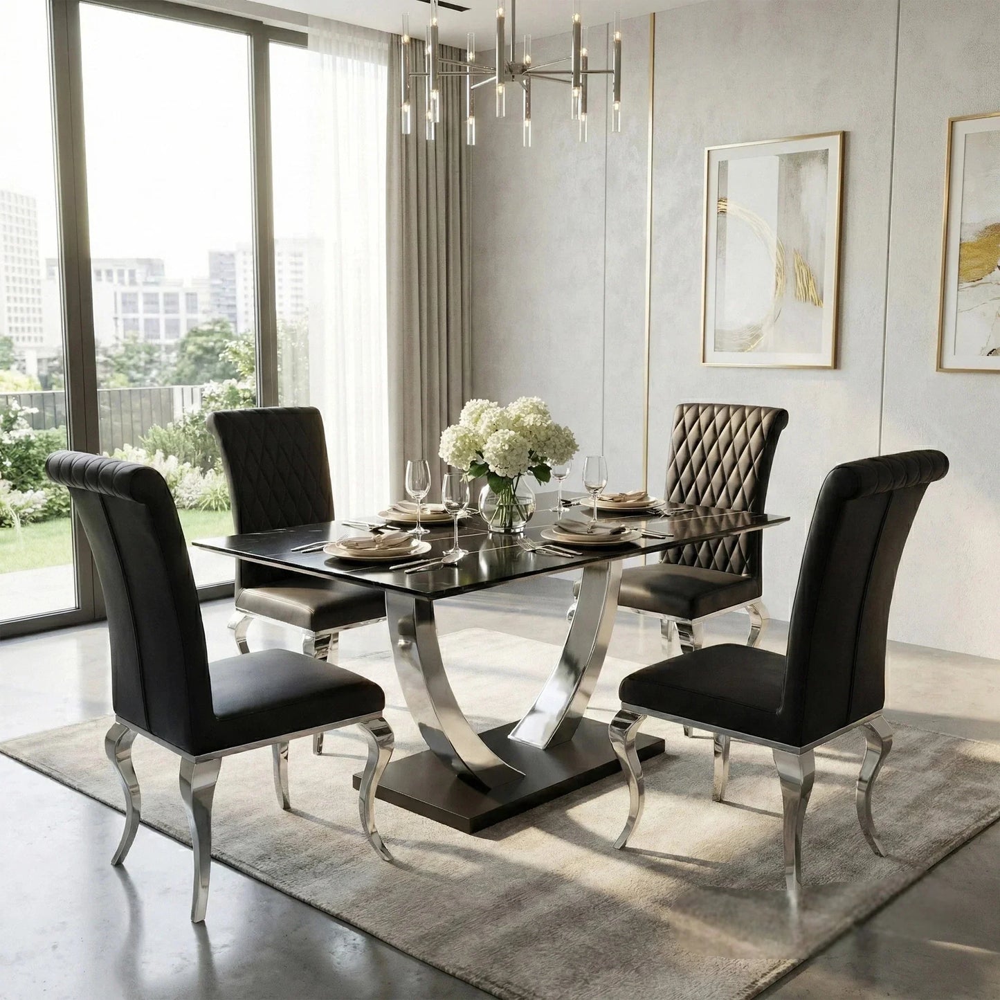 Luxury Valdemar 1.6m Black Sintered Stone Dining Set Chrome Pedestal Base With Niklas Leather Chairs