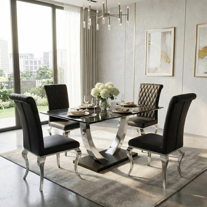 Luxury Valdemar 1.6m Black Sintered Stone Dining Set Chrome Pedestal Base With Niklas Leather Chairs