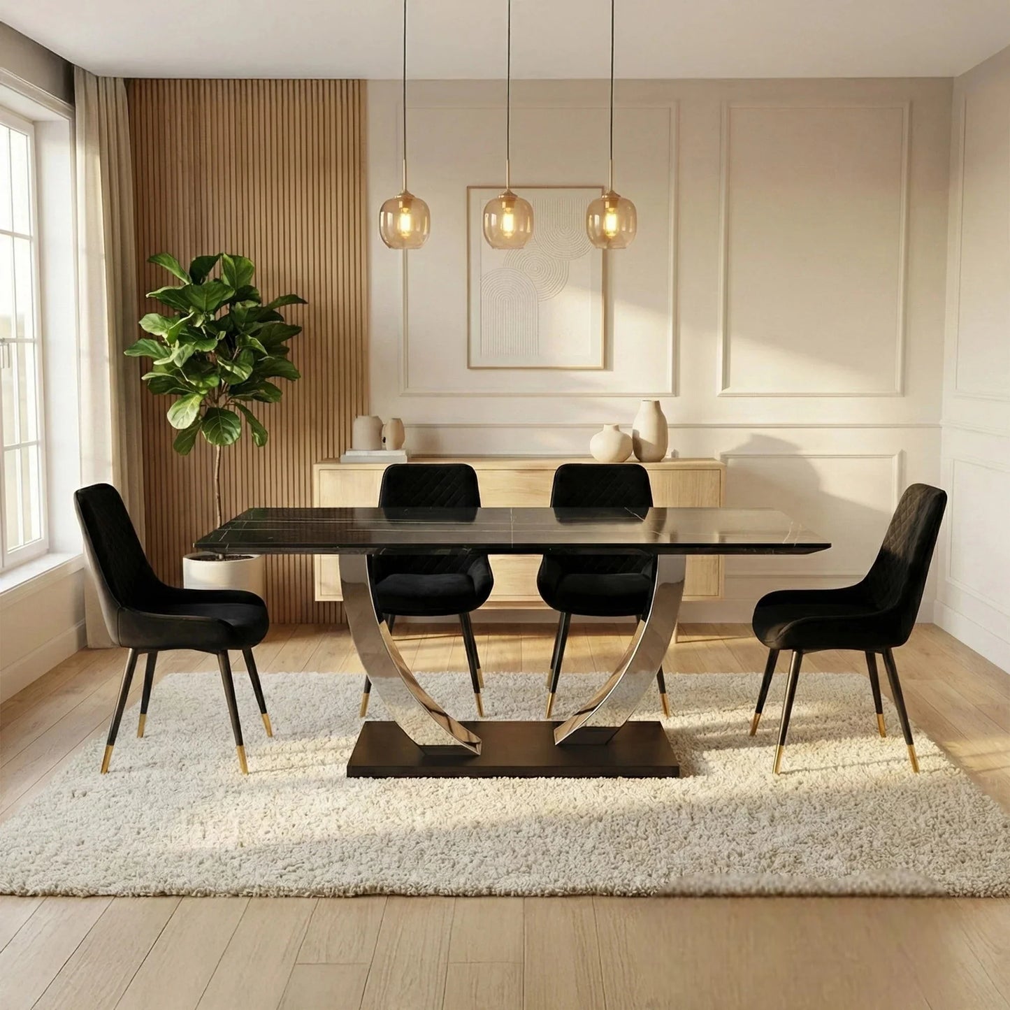 Luxury Valdemar 1.6m Black Sintered Stone Dining Set Chrome Pedestal Base With Lyder Velvet Chairs