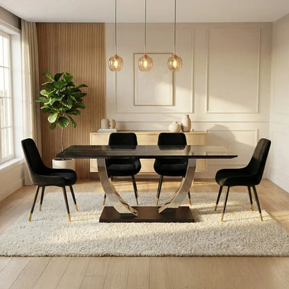 Luxury Valdemar 1.6m Black Sintered Stone Dining Set Chrome Pedestal Base With Lyder Velvet Chairs