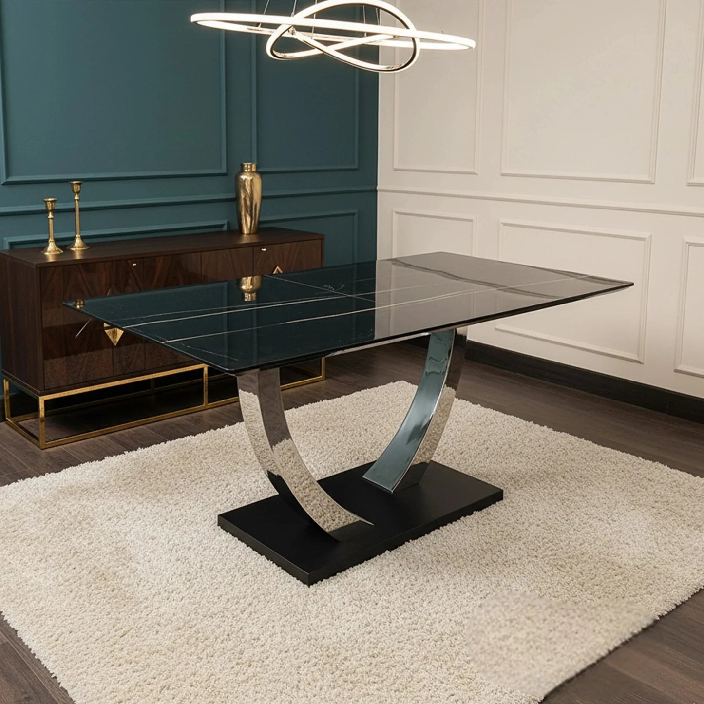 Luxury Valdemar 1.6m Black Sintered Stone Dining Set Chrome Pedestal Base With Lyder Velvet Chairs