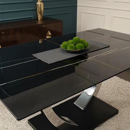 Luxury Valdemar 160cm Black Sintered Stone Dining Table With Chrome Pedestal Leg Base
