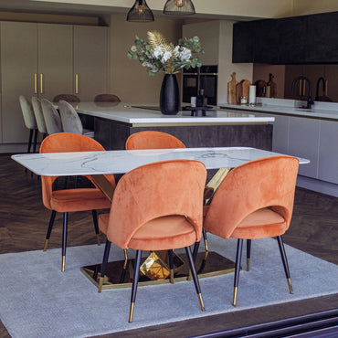 Luxury Vittoria 1.8m Slimline Gold Dining Set White Sintered Stone Table With Bjorn Velvet Chairs