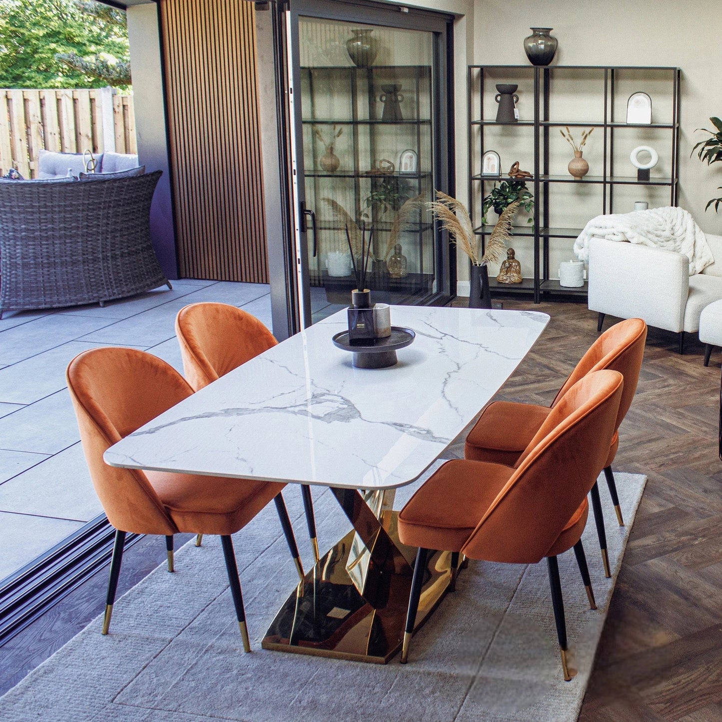 Luxury Vittoria 1.8m Slimline Gold Dining Set White Sintered Stone Table With Bjorn Velvet Chairs