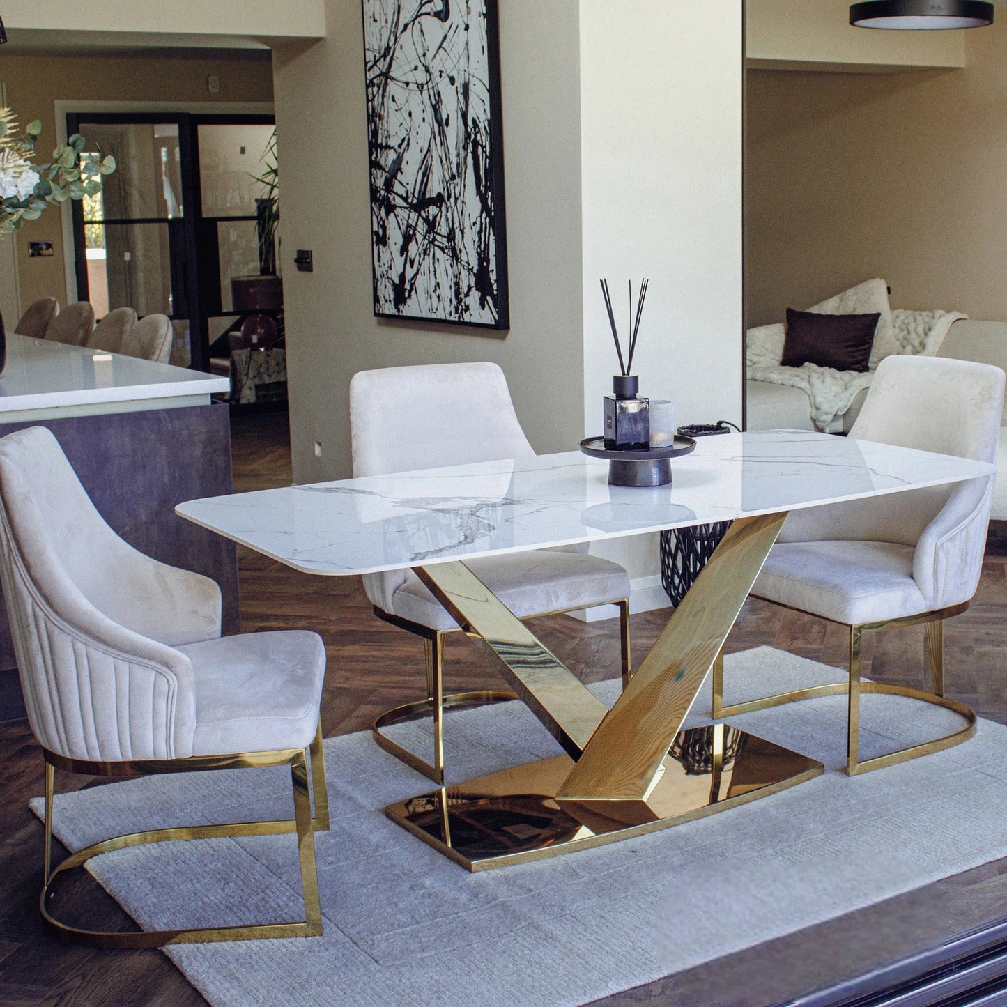 Luxury Vittoria 1.8m Slimline Gold Dining Set White Sintered Stone Table With Olivia Velvet Chairs
