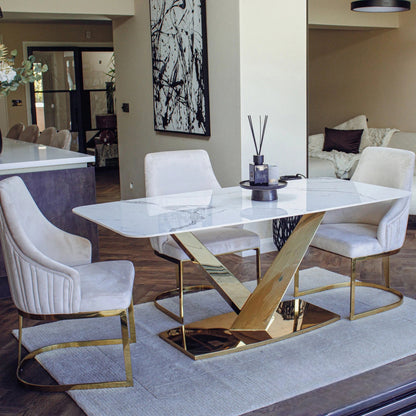 Luxury Vittoria 1.8m Slimline Gold Dining Set White Sintered Stone Table With Olivia Velvet Chairs