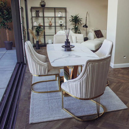 Luxury Vittoria 1.8m Slimline Gold Dining Set White Sintered Stone Table With Olivia Velvet Chairs