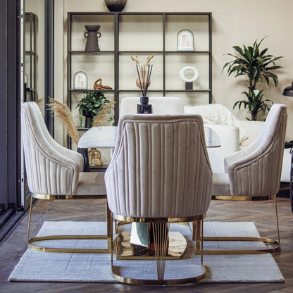 Luxury Vittoria 1.8m Slimline Gold Dining Set White Sintered Stone Table With Olivia Velvet Chairs