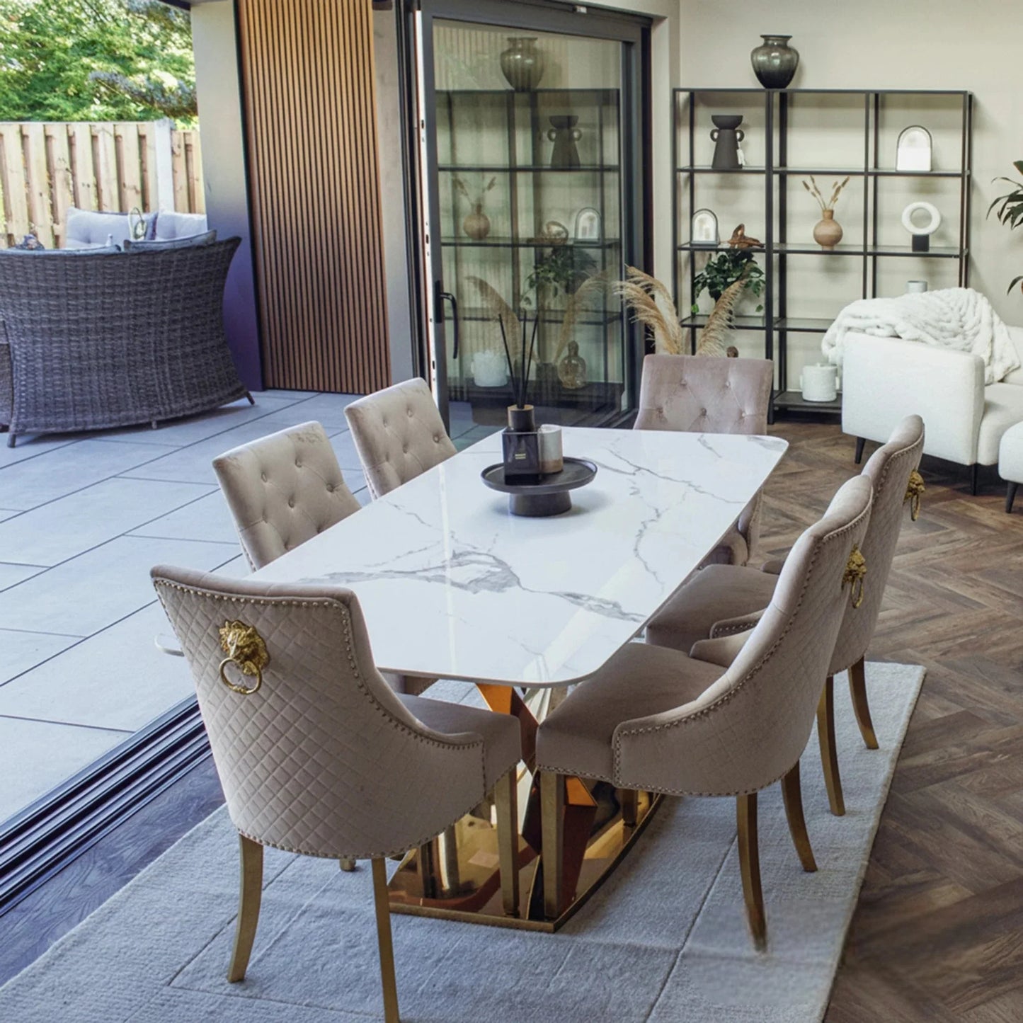 Luxury Vittoria 1.8m Slimline Gold Dining Set White Sintered Stone Table With Henrik Velvet Chairs