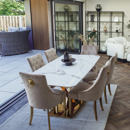 Luxury Vittoria 1.8m Slimline Gold Dining Set White Sintered Stone Table With Henrik Velvet Chairs