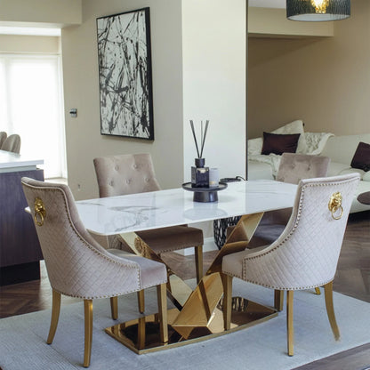 Luxury Vittoria 1.8m Slimline Gold Dining Set White Sintered Stone Table With Henrik Velvet Chairs