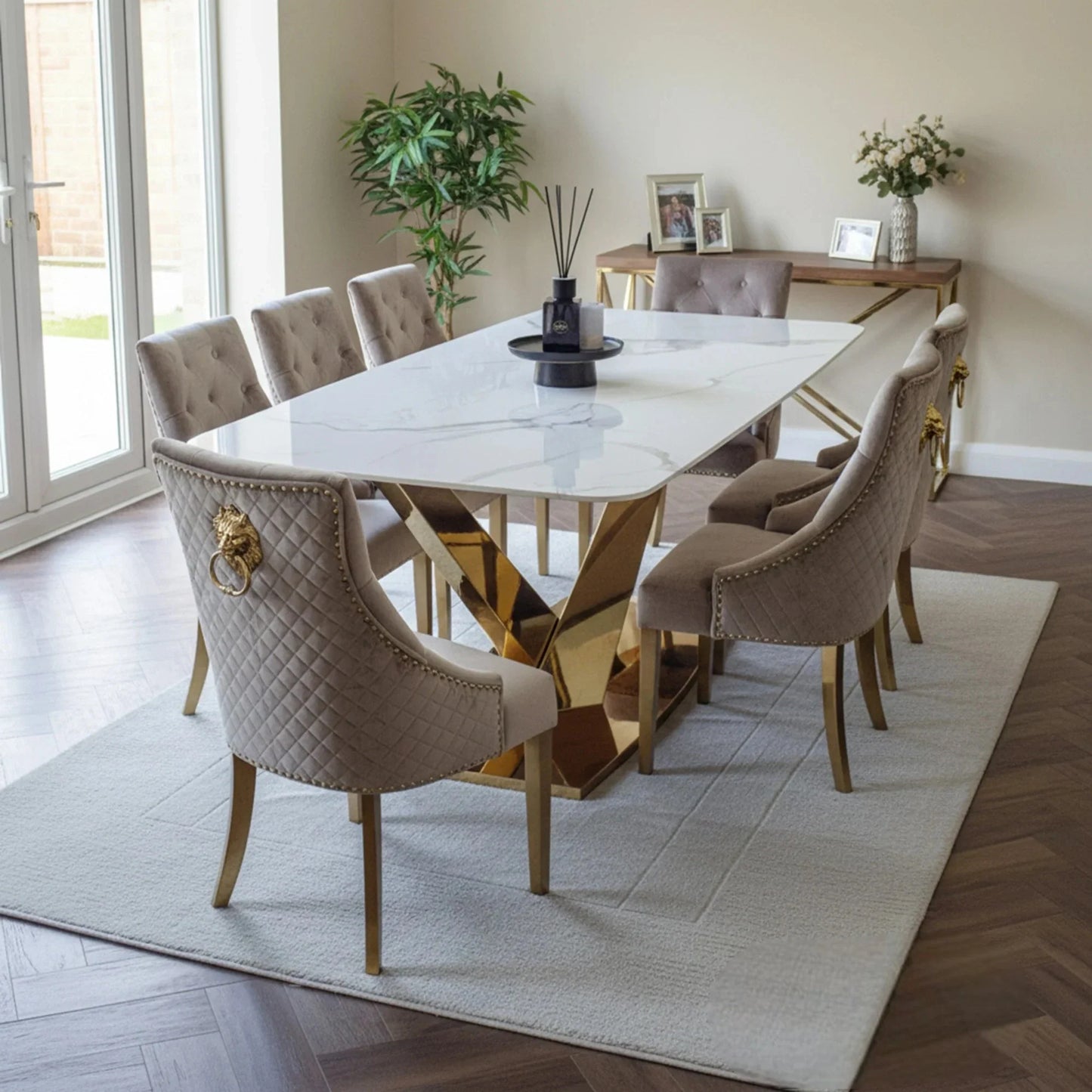 Luxury Vittoria 1.8m Slimline Gold Dining Set White Sintered Stone Table With Henrik Velvet Chairs