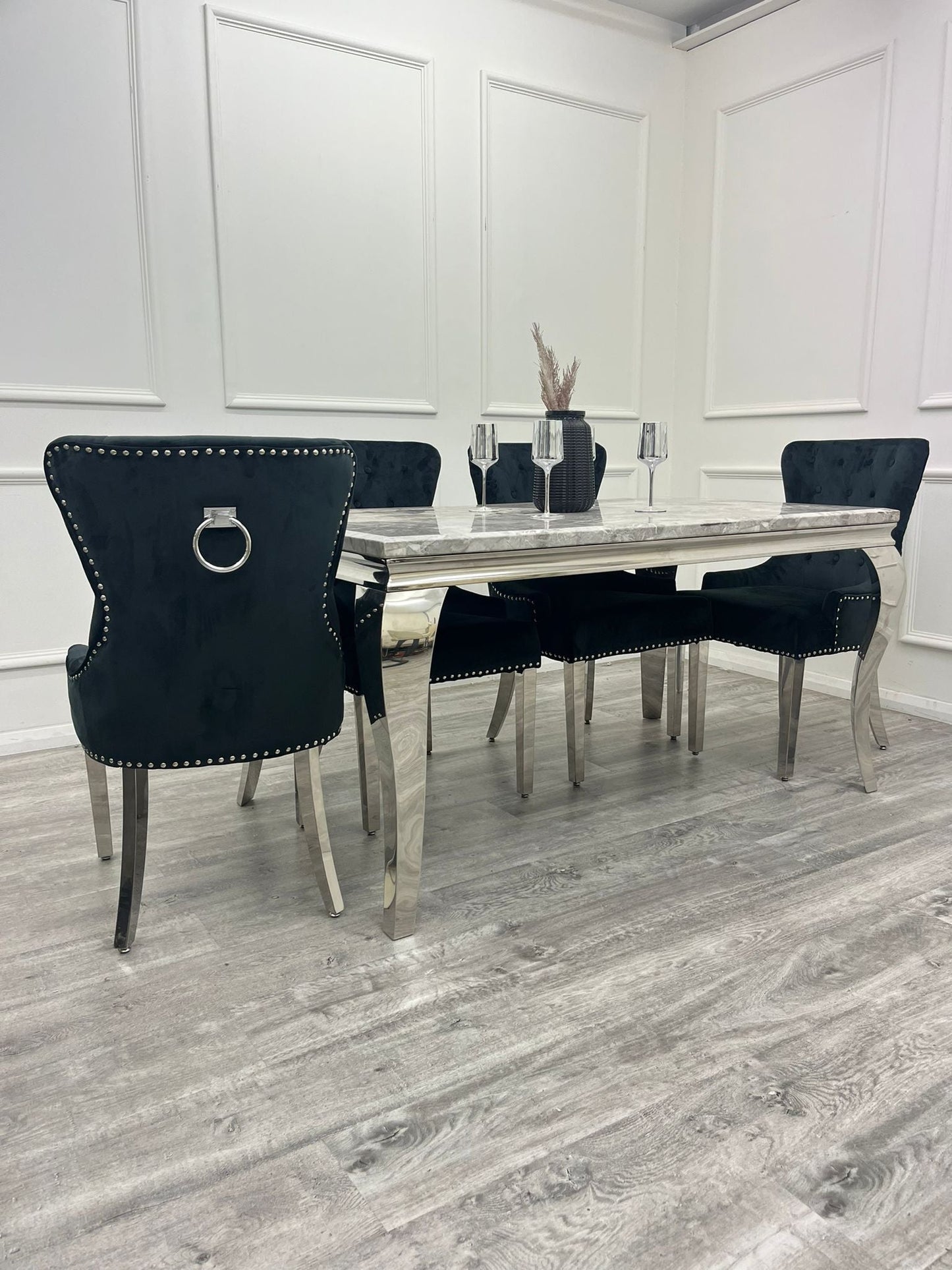 Louis 100CM Chrome Marble Dining Set with Megan Chairs