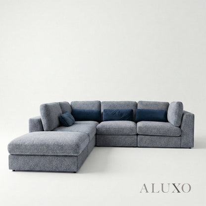 Madison 4+1 Seater Modular Sofa – Blue Chenille | Includes Storage Footstool