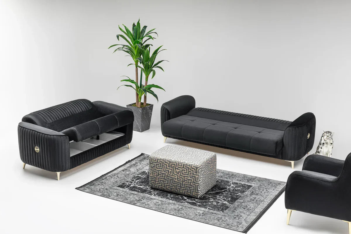 The Malta Luxury Premium 3+2 Black Gold Velvet Sofa Bed Set