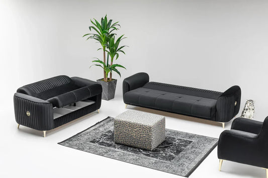 The Malta Luxury Premium 3+2 Black Gold Velvet Sofa Bed Set