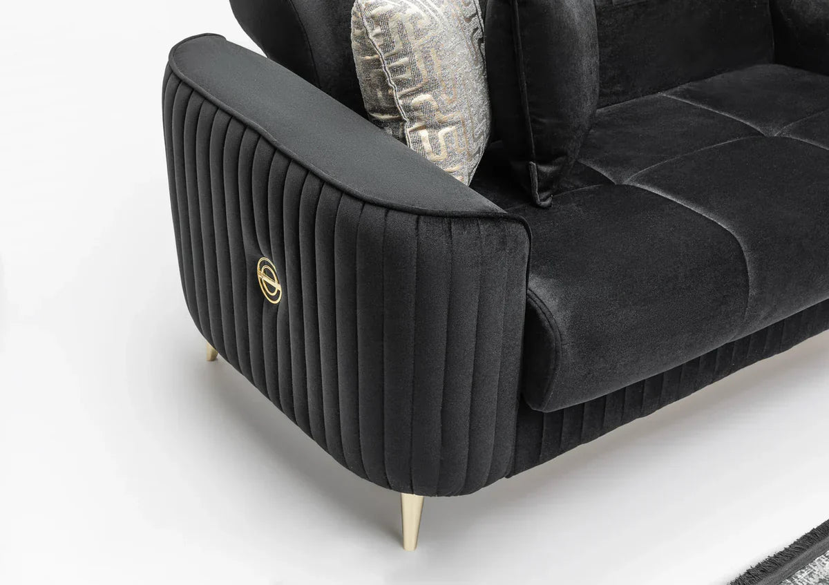 The Malta Luxury Premium 3+2 Black Gold Velvet Sofa Bed Set