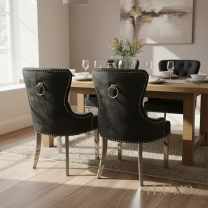 ALUXO® Megan Black Velvet Dining Chair | Chrome Ring Knocker, Studded Detailing, Plain Back Design