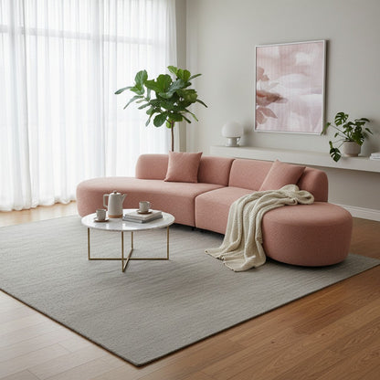 Miami Curved Cinema Boucle Sofa In Blush Pink Fabric