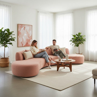 Miami Curved Cinema Boucle Sofa In Silver Grey Fabric