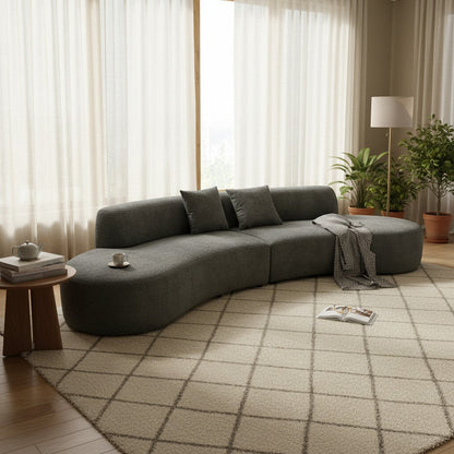 Miami Curved Cinema Boucle Sofa In Silver Grey Fabric