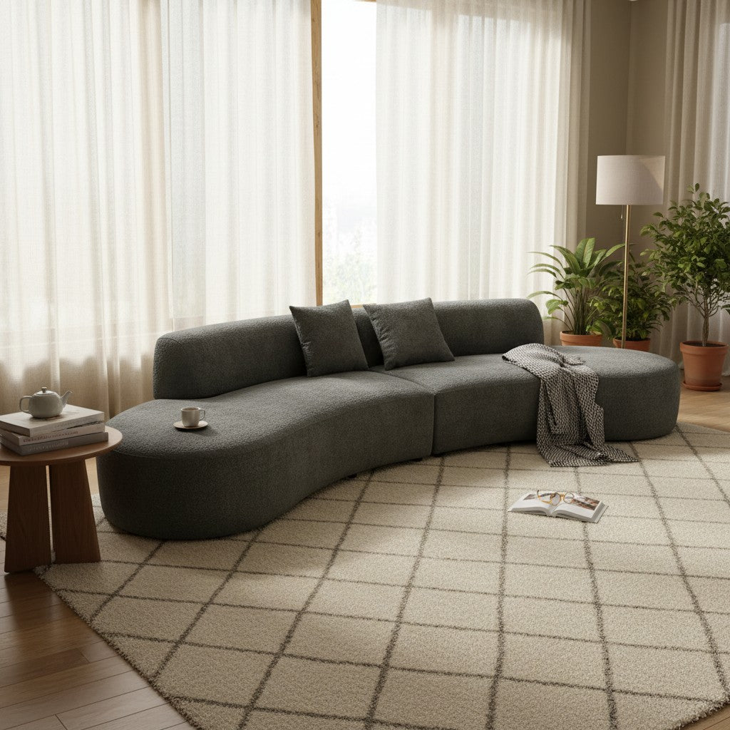 Miami Curved Cinema Boucle Sofa In Blush Pink Fabric