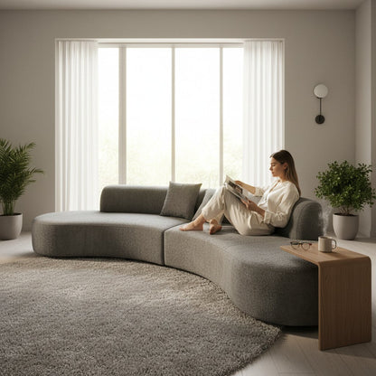 Miami Curved Cinema Boucle Sofa In Silver Grey Fabric