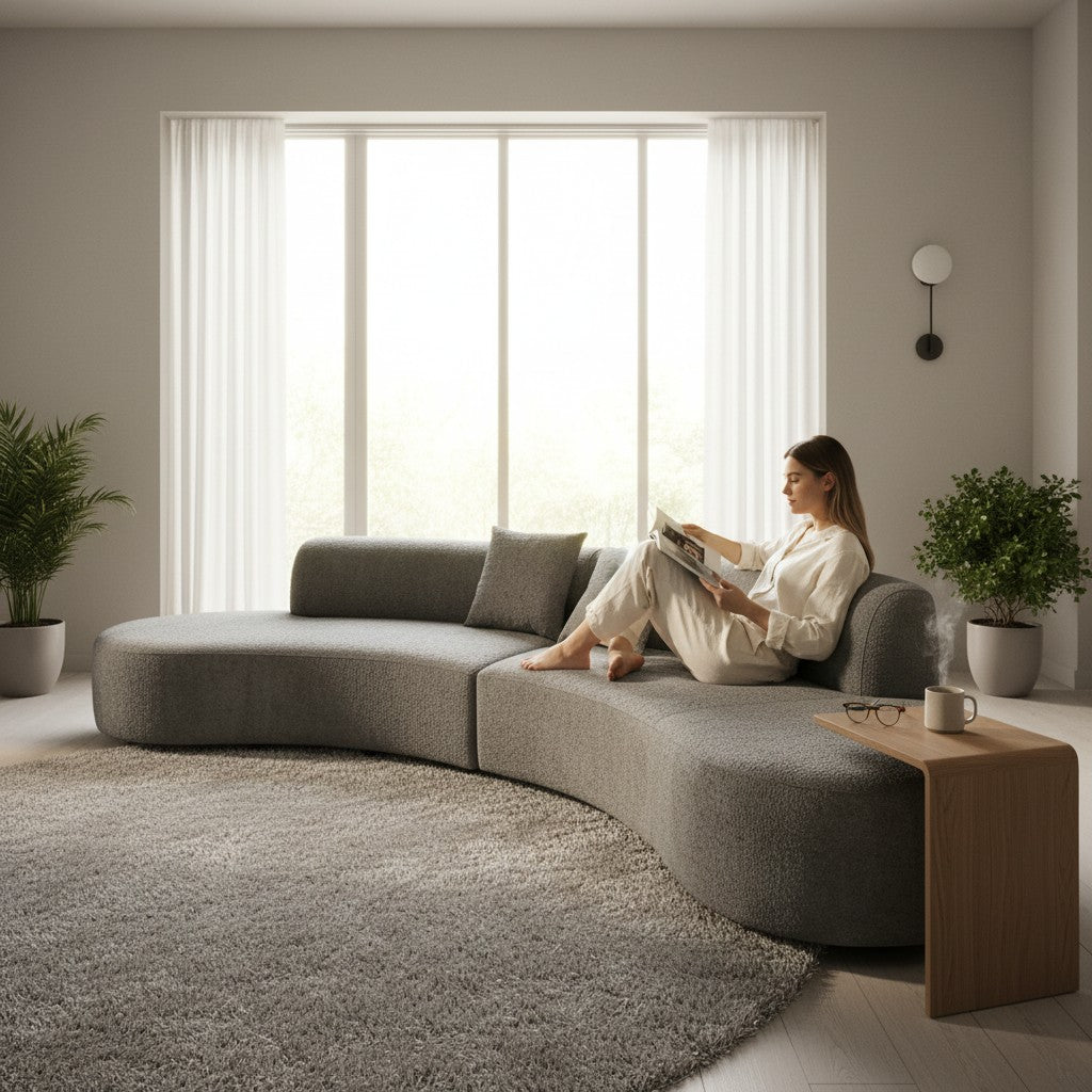 Miami Curved Cinema Boucle Sofa In Blush Pink Fabric