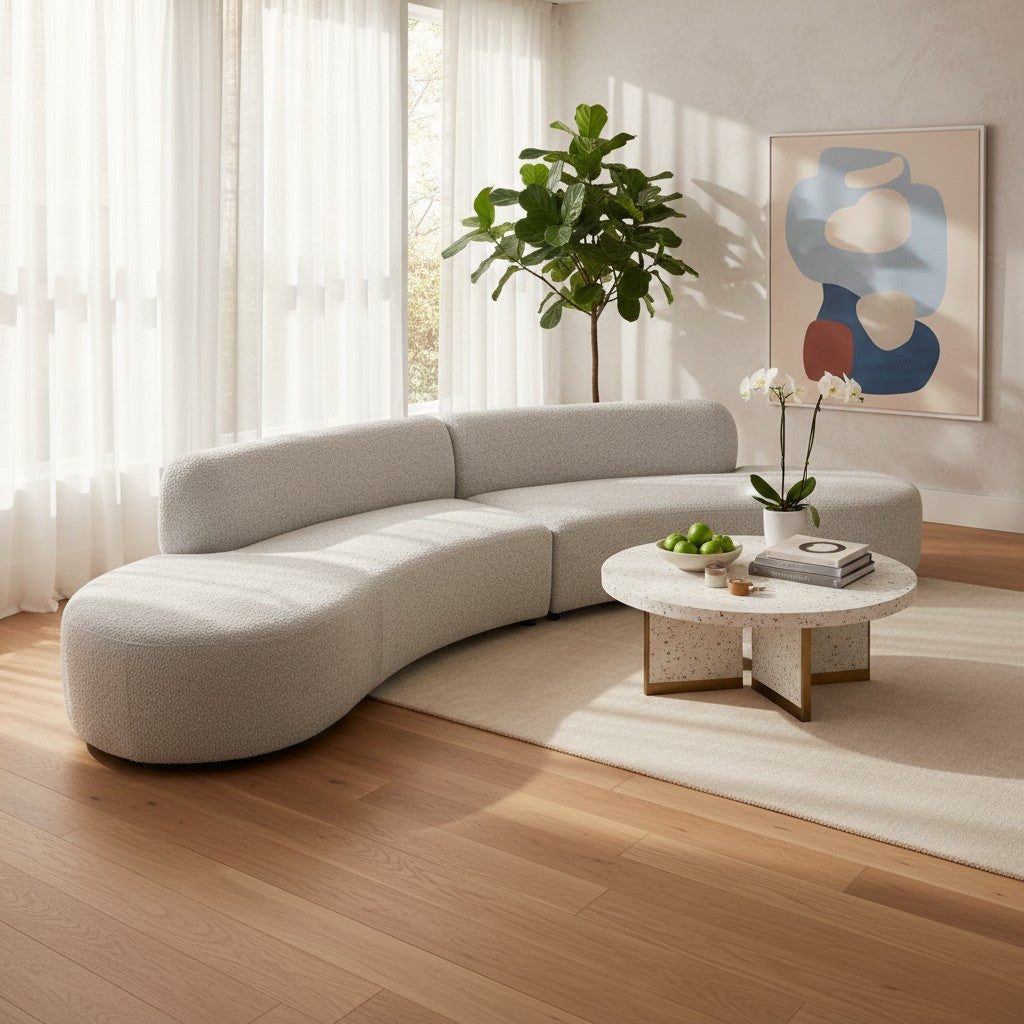Miami Curved Cinema Boucle Sofa In Black Fabric