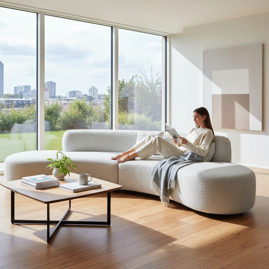 Miami Curved Cinema Boucle Sofa In Black Fabric