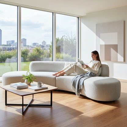 Miami Curved Cinema Boucle Sofa In Blush Pink Fabric
