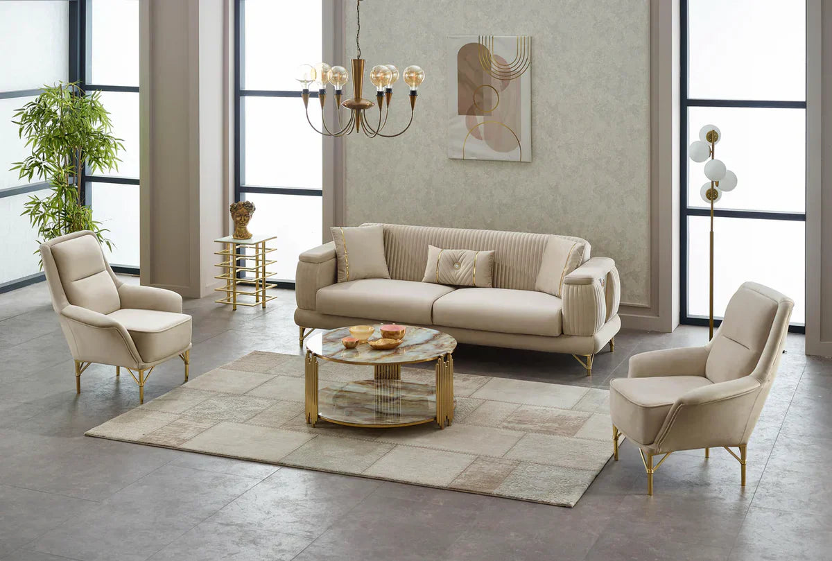 The Sevilla Luxury Premium 3+2 Beige Gold Velvet Sofa Bed Set
