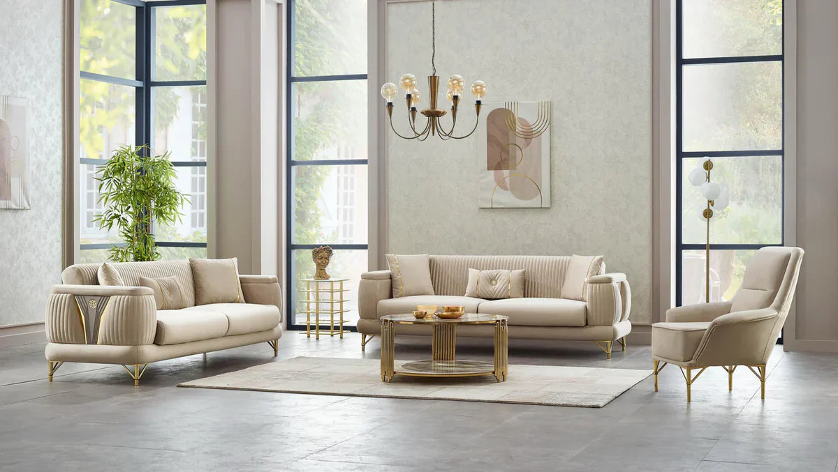 The Sevilla Luxury Premium 3+2 Beige Gold Velvet Sofa Bed Set