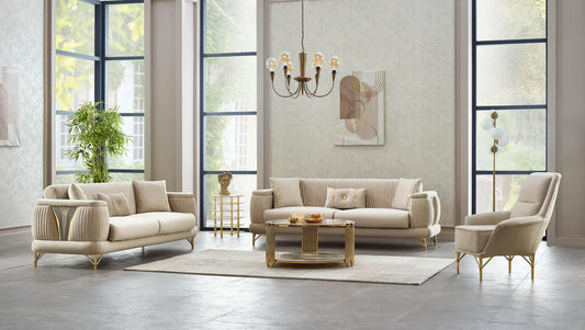 The Sevilla Luxury Premium 3+2 Beige Gold Velvet Sofa Bed Set