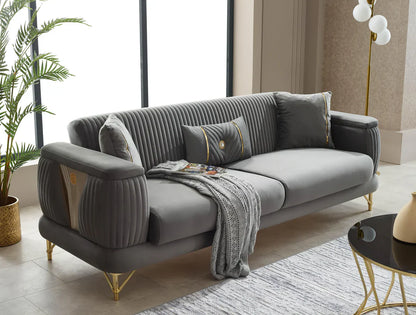 The Sevilla Luxury Premium 3+2 Grey Gold Velvet Sofa Bed Set