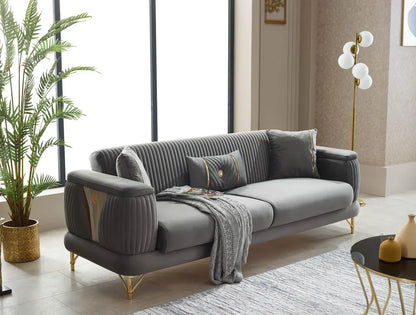 The Sevilla Luxury Premium 3+2 Grey Gold Velvet Sofa Bed Set