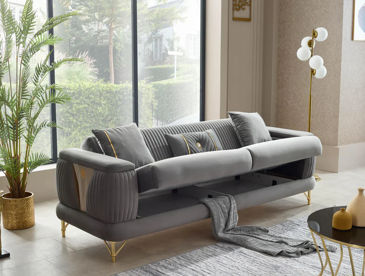 The Sevilla Luxury Premium 3+2 Grey Gold Velvet Sofa Bed Set