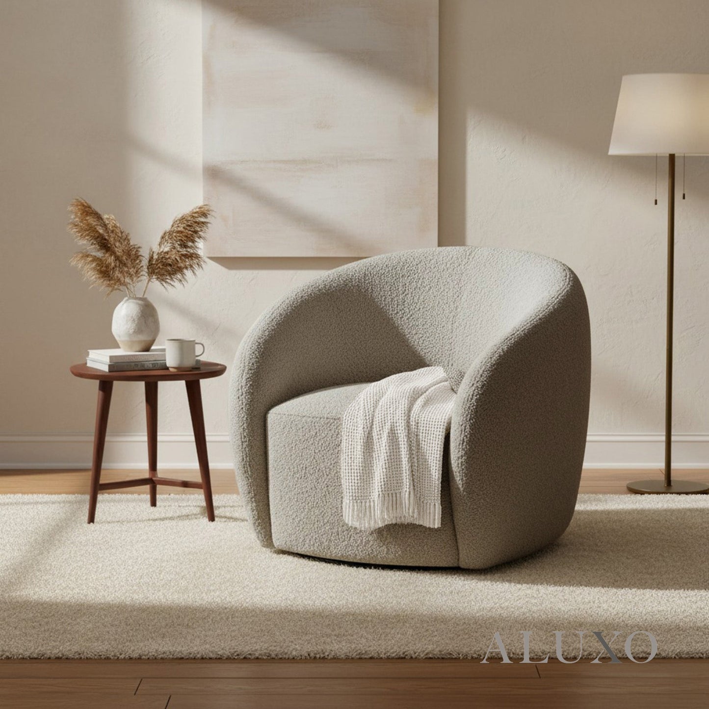 Nolita Swivel Chair – Latte Grey-Milk Teddy Bouclé | 360° Organic Design