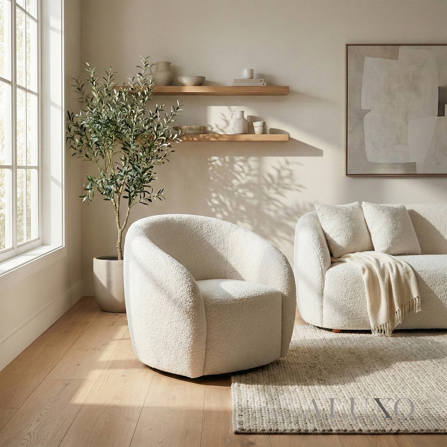 Nolita Swivel Chair – Latte Grey-Milk Teddy Bouclé | 360° Organic Design