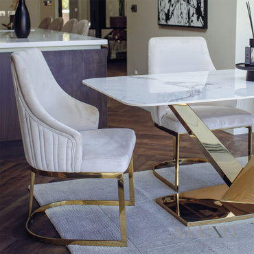 Olivia Beige Velvet Dining Chair | Fluted Back with Gold Stainless Steel Frame