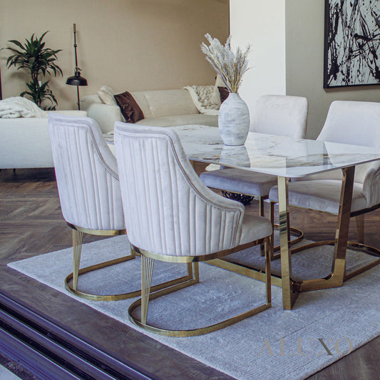 Olivia Beige Velvet Dining Chair | Fluted Back with Gold Stainless Steel Frame