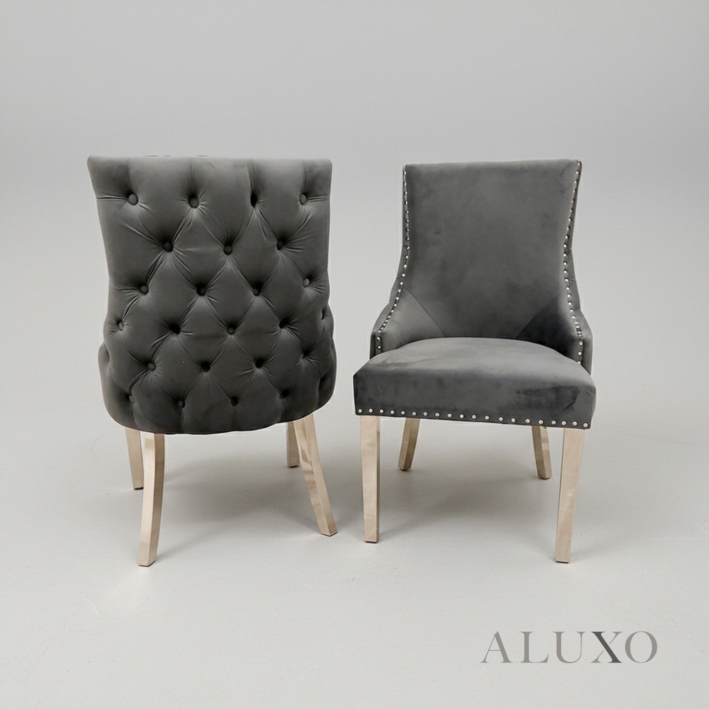 Lorens 1m Square Chrome Dining Set – White Marble Table with 4 Oskar Dark Grey Velvet Chairs