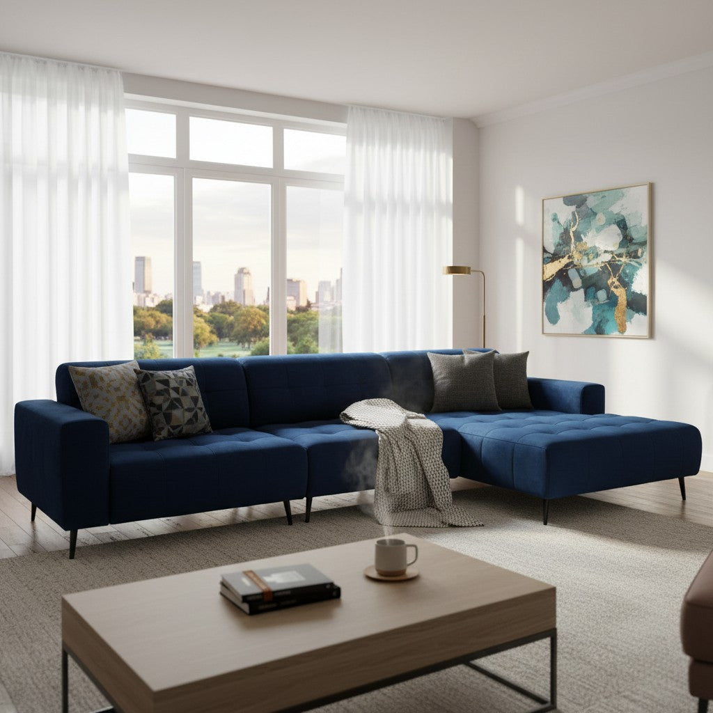 Oslo Open 3 Piece Plan Sofa In Marine Blue Velvet Fabric