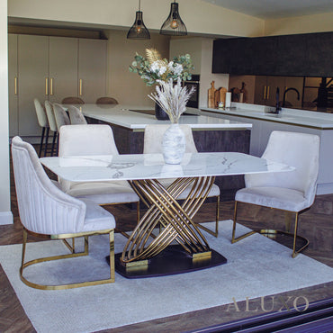 Ostuni 1.8m Slimline Gold Dining Set – White Sintered Stone Table with 4/6 Olivia Beige Velvet Chairs