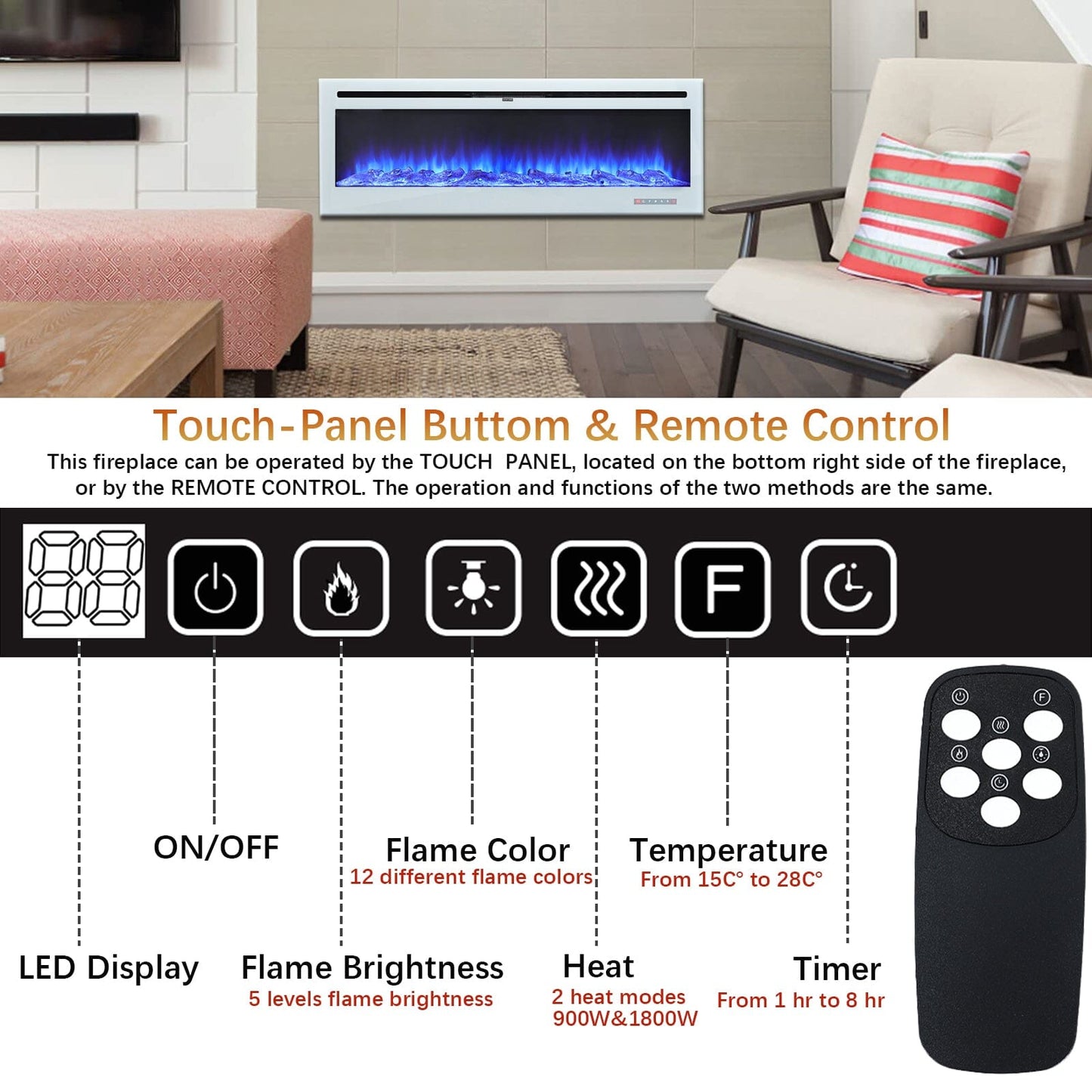 60 Inch Wall Mounted Fireplaces Recessed Fireplace 1800W White 5120BTU Electric Heaters