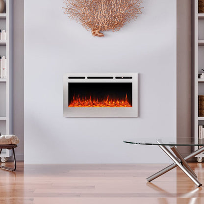 60 Inch Electric Fireplace Silver Recessed Fire with 12 LED Flame Colour