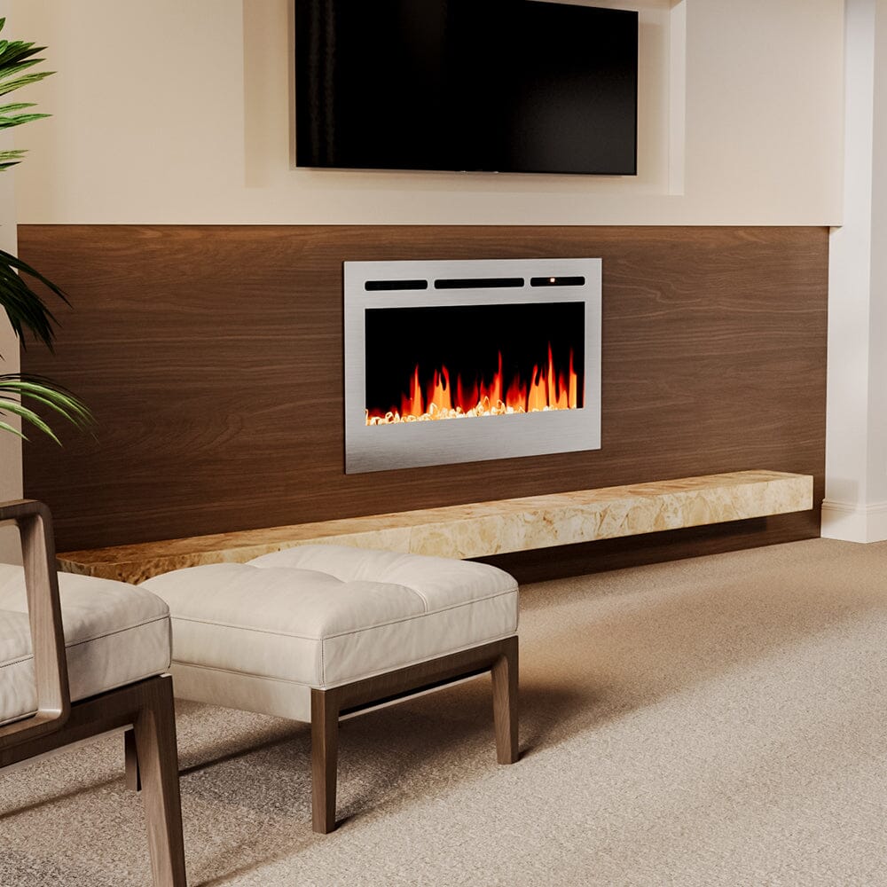 60 Inch Electric Fireplace Silver Recessed Fire with 12 LED Flame Colour