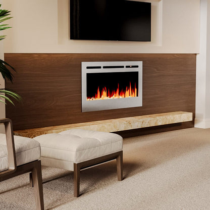 60 Inch Electric Fireplace Silver Recessed Fire with 12 LED Flame Colour