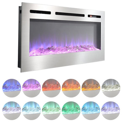 60 Inch Electric Fireplace Silver Recessed Fire with 12 LED Flame Colour