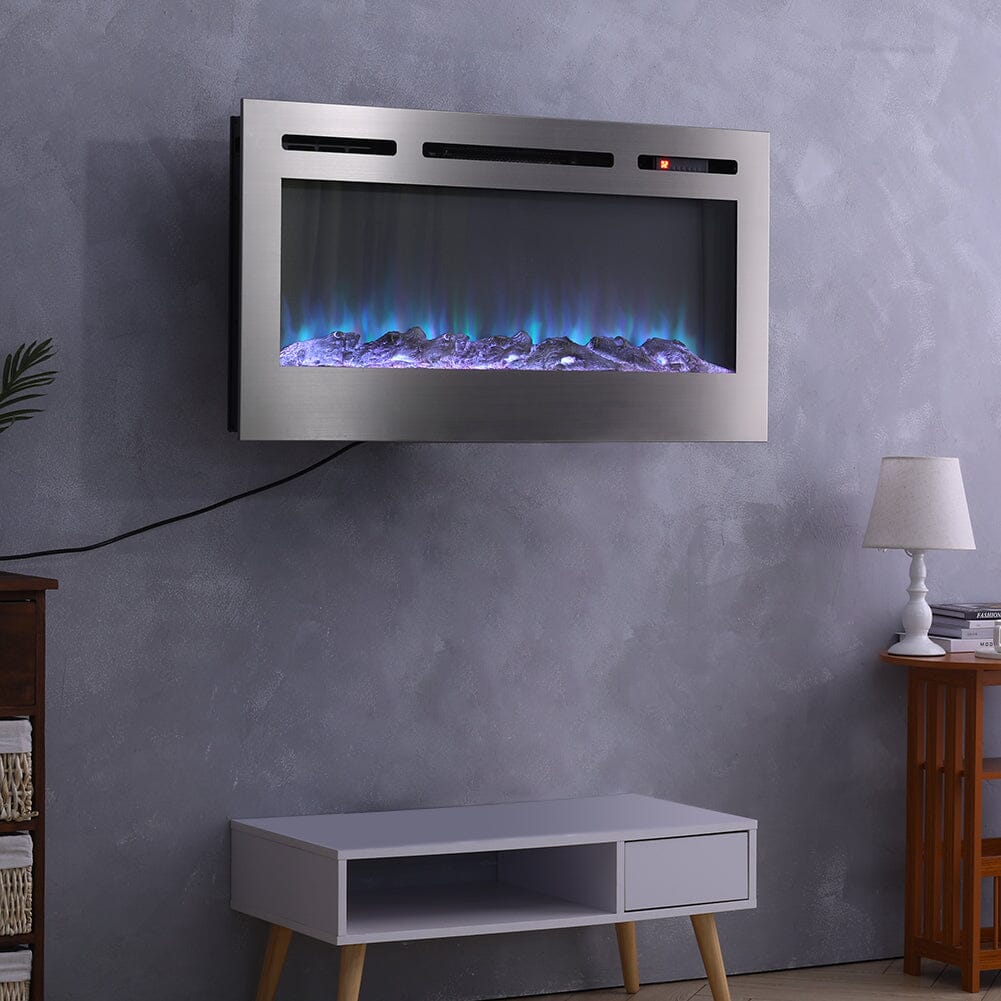 60 Inch Electric Fireplace Silver Recessed Fire with 12 LED Flame Colour